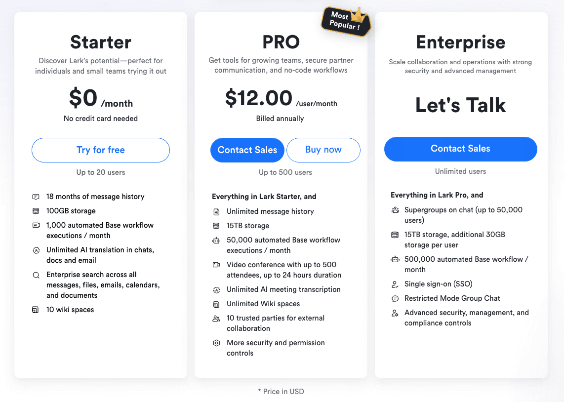 Lark pricing plans&nbsp;