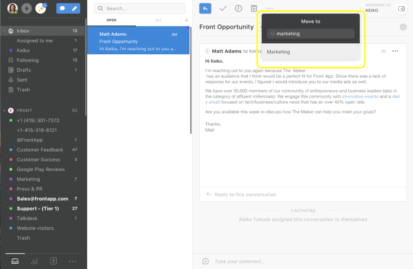 Front shared inbox for customer communication