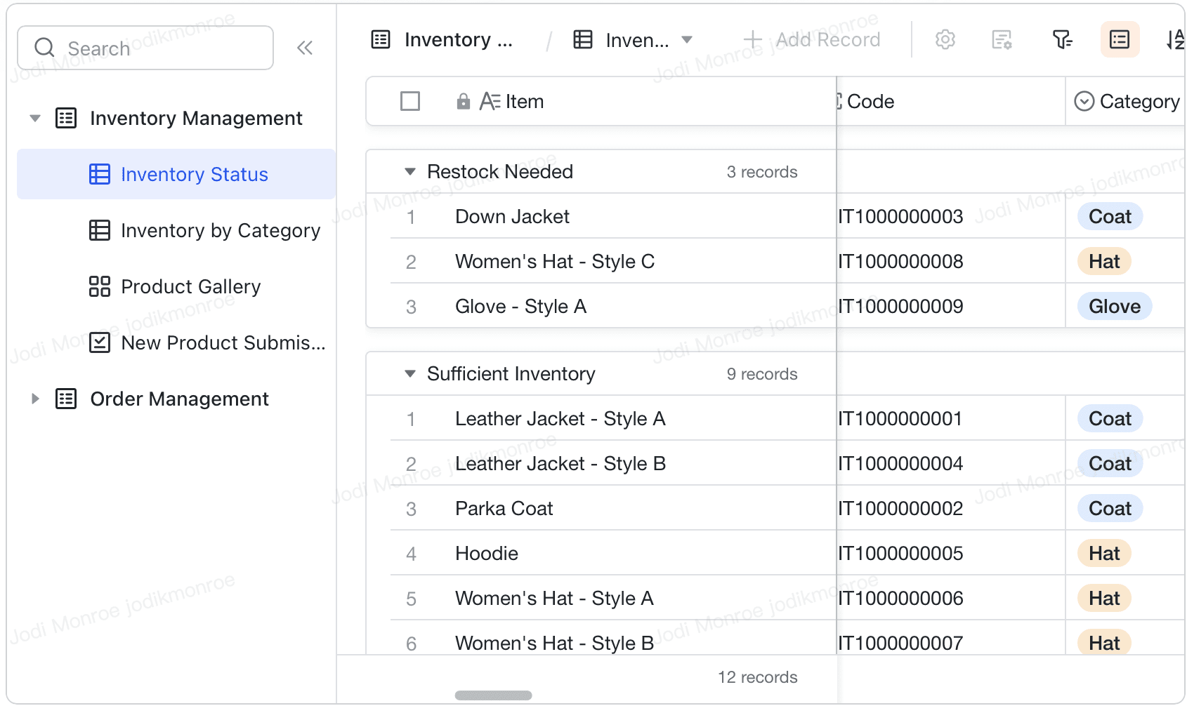 Screenshot of Lark order and inventory management template