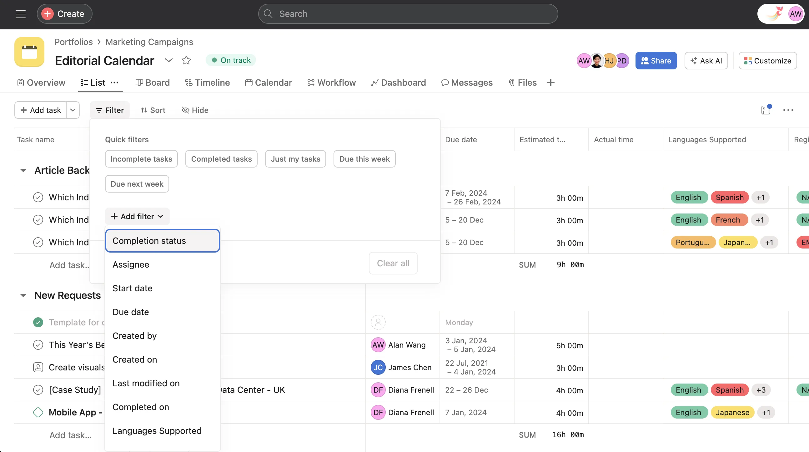 Asana: Best for complex project tracking