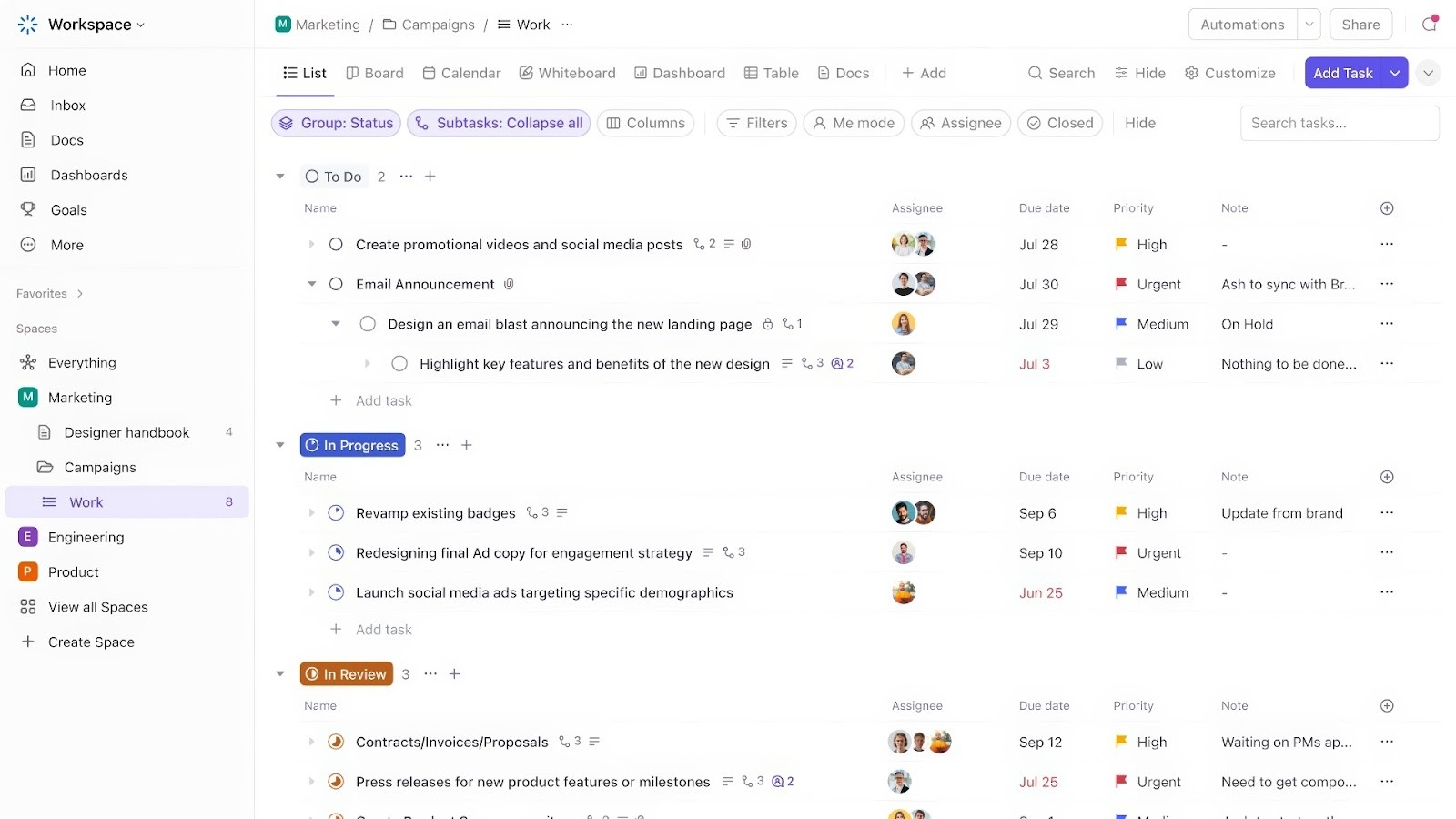ClickUp's highly customizable task management interface
