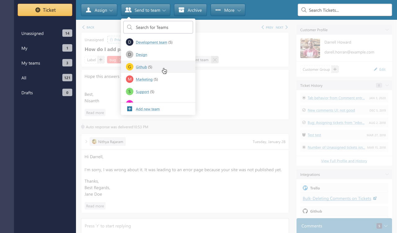 Interface of SupportBee, with the user sending tickets to a dedicated team
