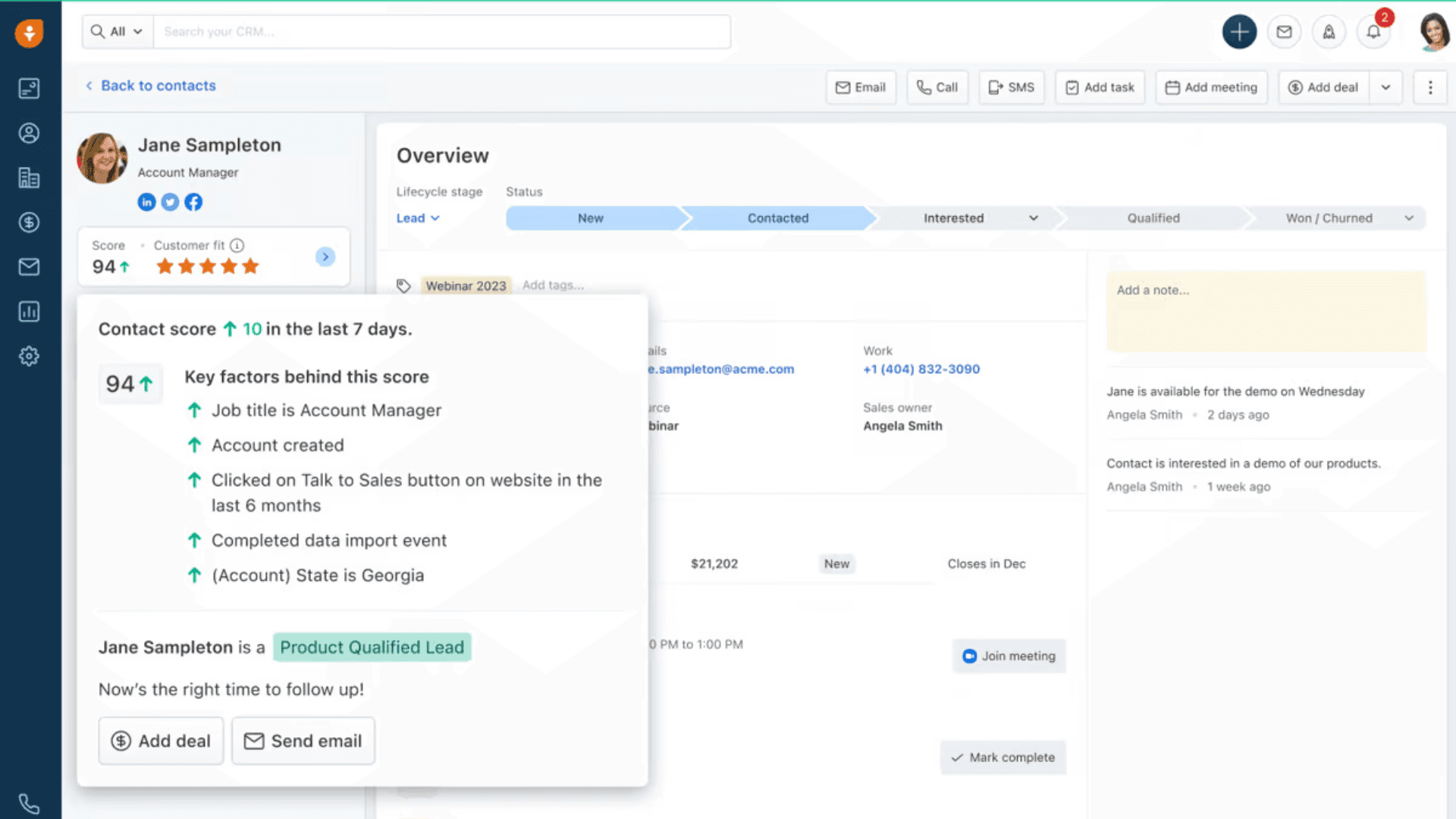 Freshsale’s interface for contacts