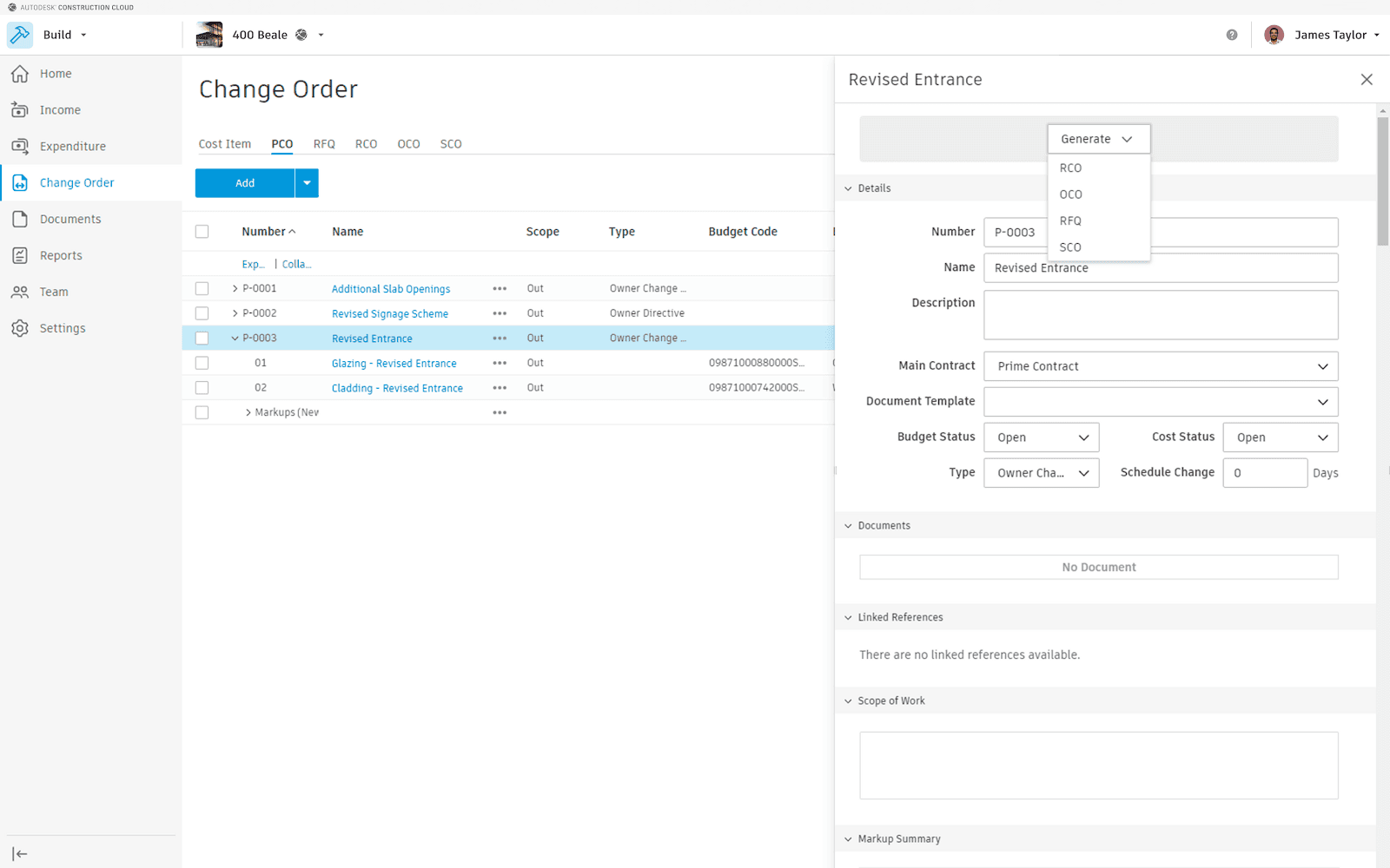 Autodesk Construction Cloud's interface for changing orders