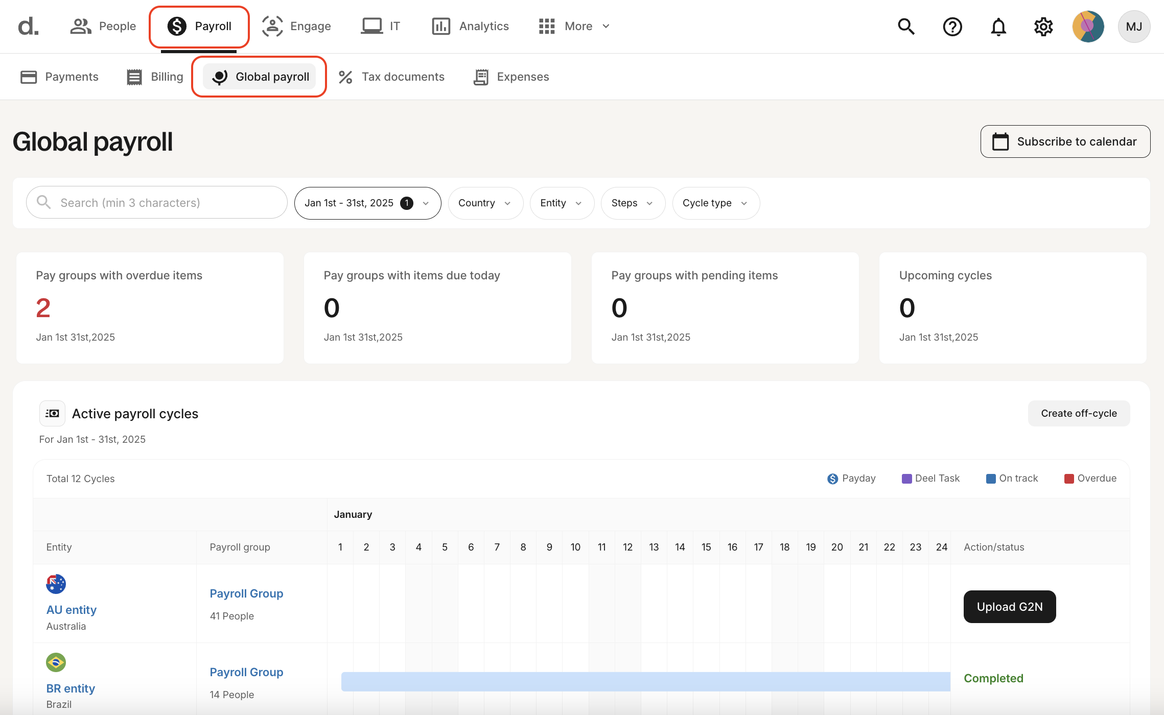 Deel dashboard showing international payroll and contractor management