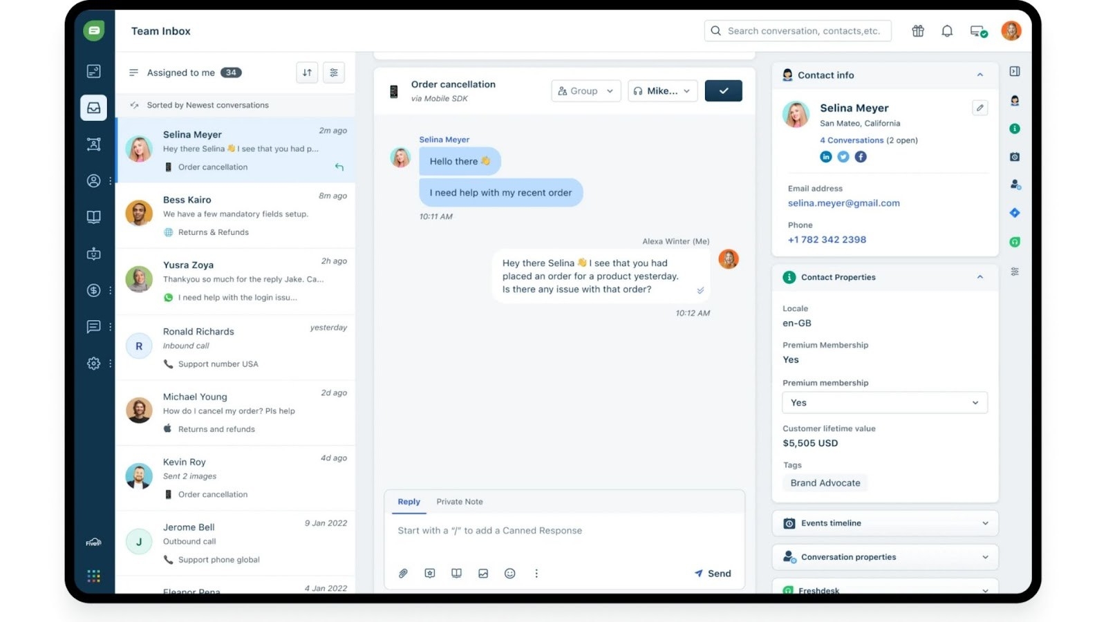 Freshworks CRM's team inbox and multi-channel contact details