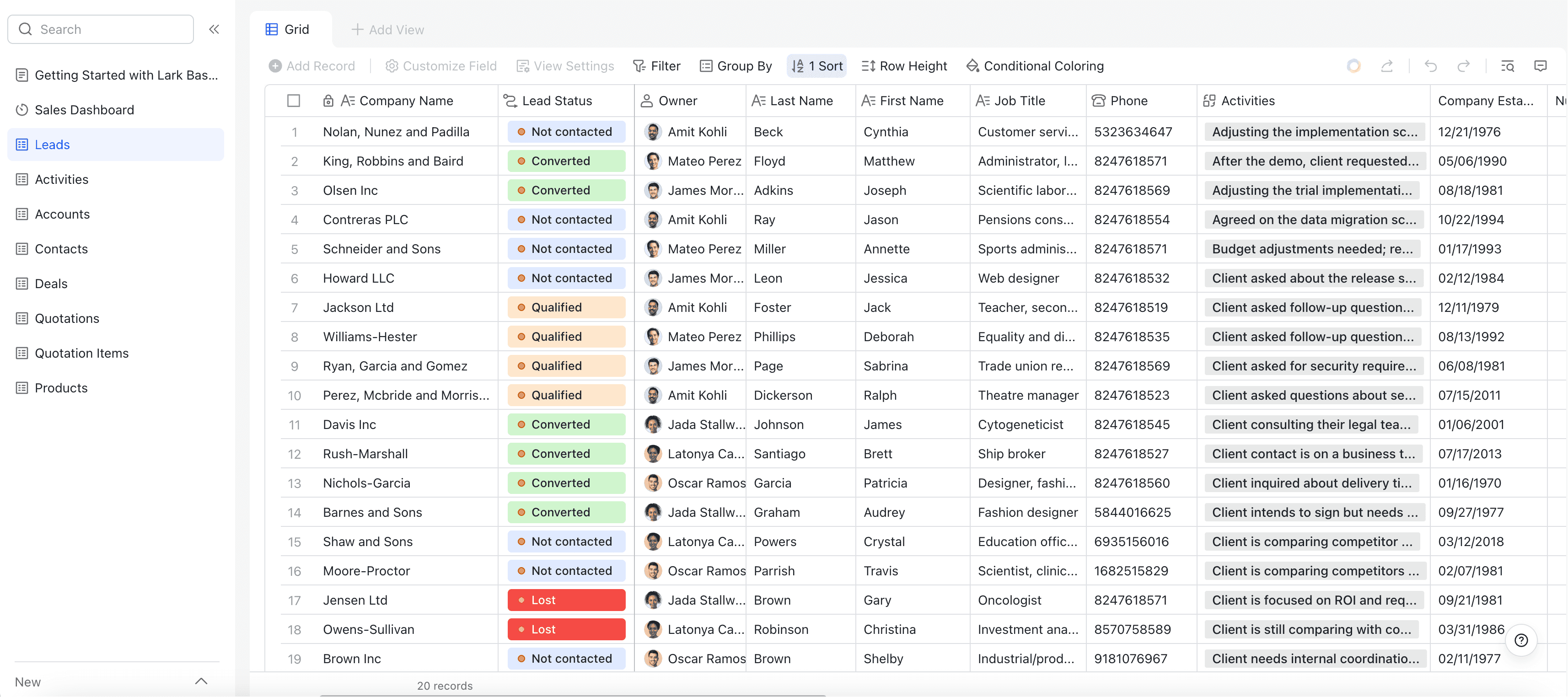 Lark Base's CRM template interface of a lead and contact database