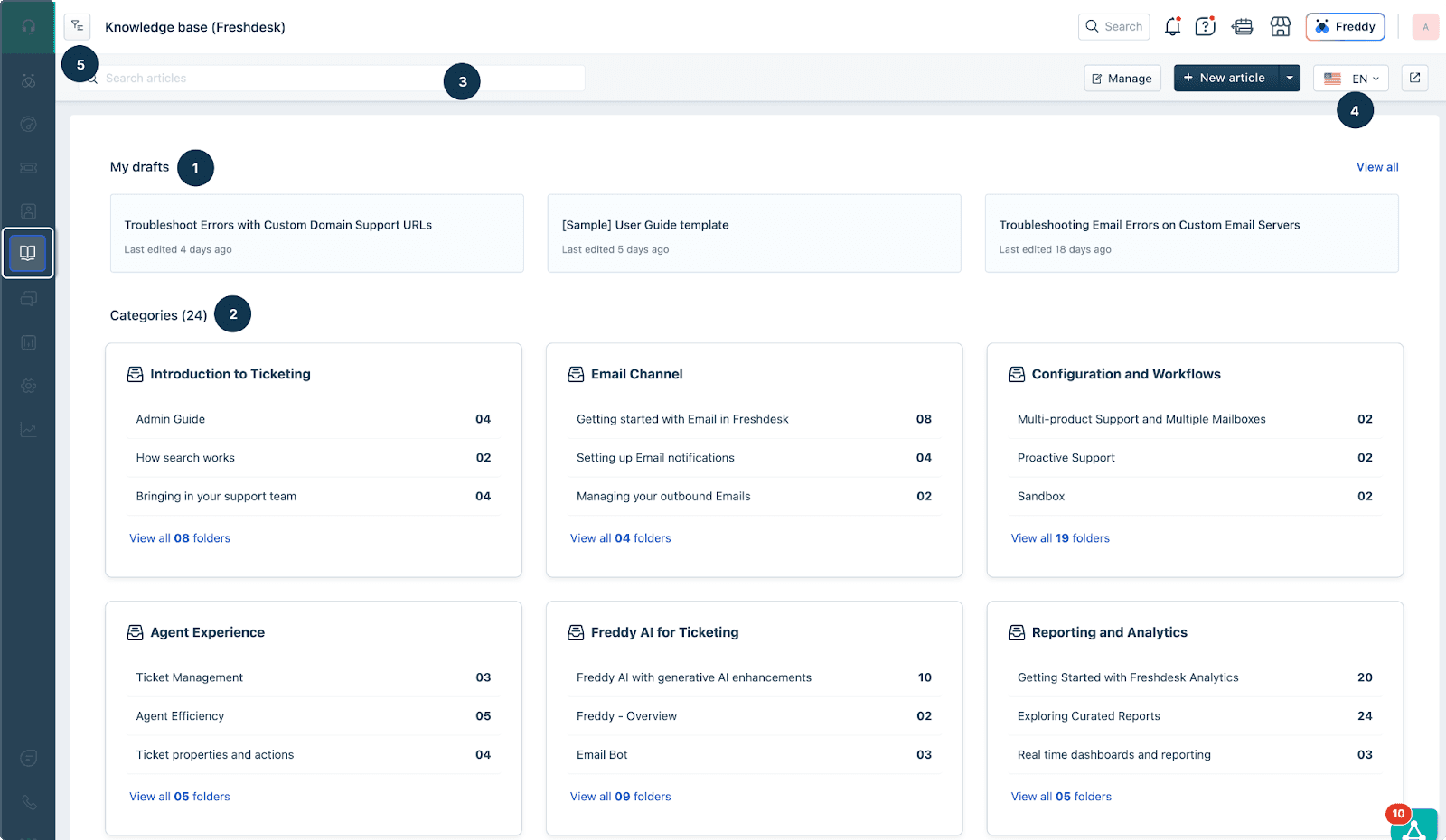 Interface of Freshdesk knowledge base