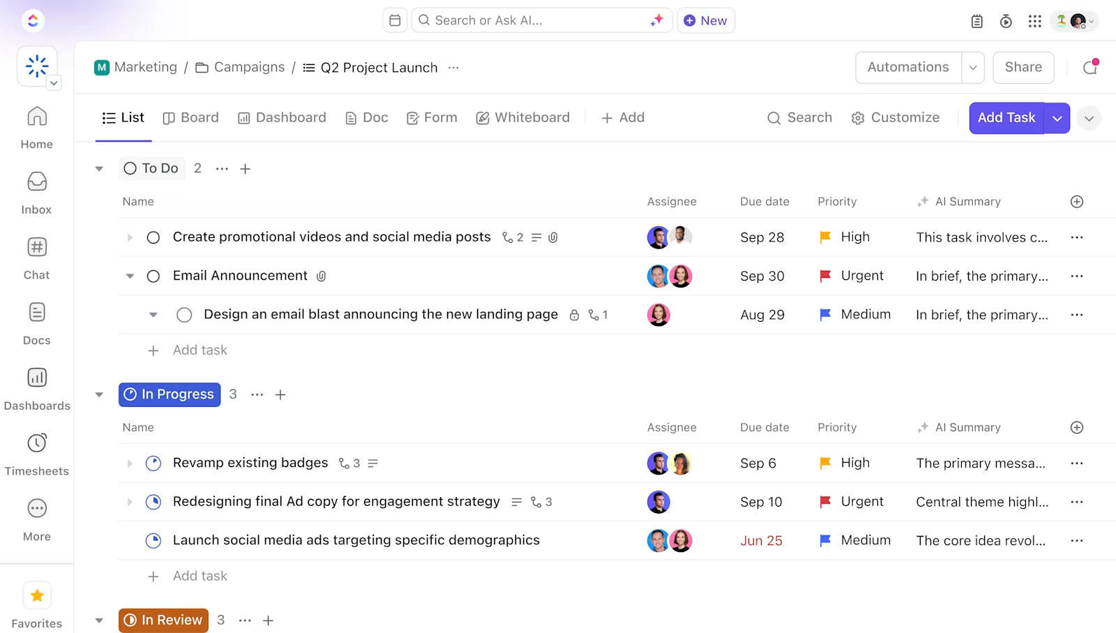 ClickUp's solution for project tracking