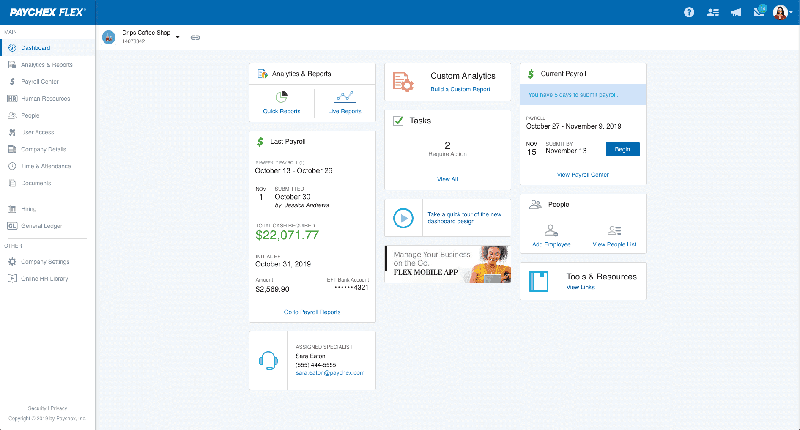 Paychex dashboard showing payroll, HR tools, and compliance management