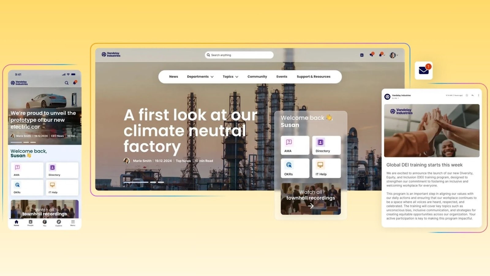 Staffbase's mobile app and desktop intranet interface