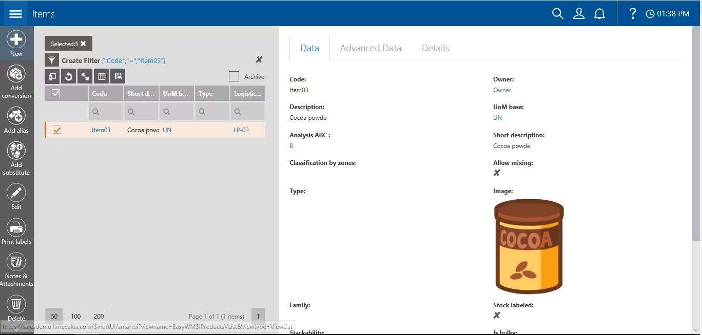 Mecalux Easy WMS dashboard showing inventory, order processing, and warehouse layout