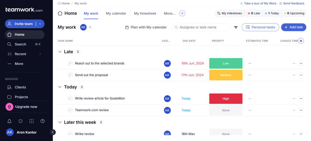 Teamwork My Work dashboard showing task priorities