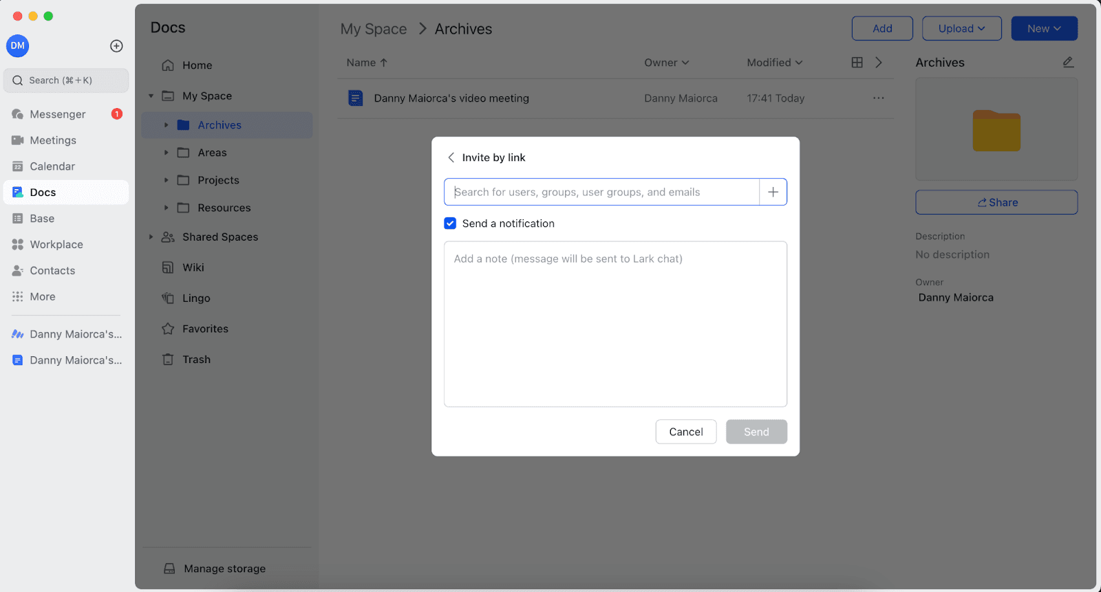 Customize your Lark sharing options with email addresses and messages
