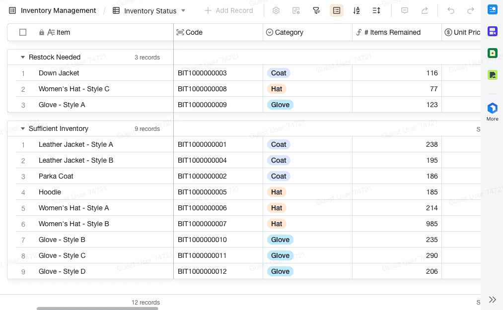 Lark order and inventory management template