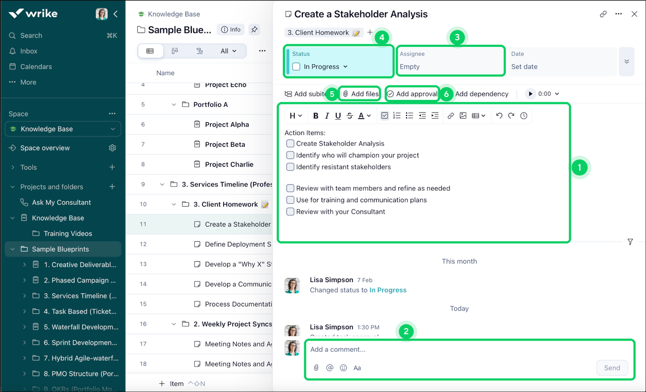 Wrike project dashboard showing tasks, timelines, and workload.