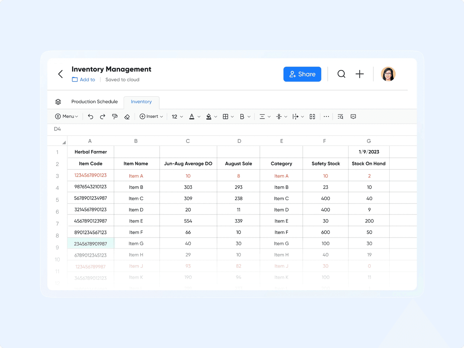Screenshot of Inventory Management sheet in Lark