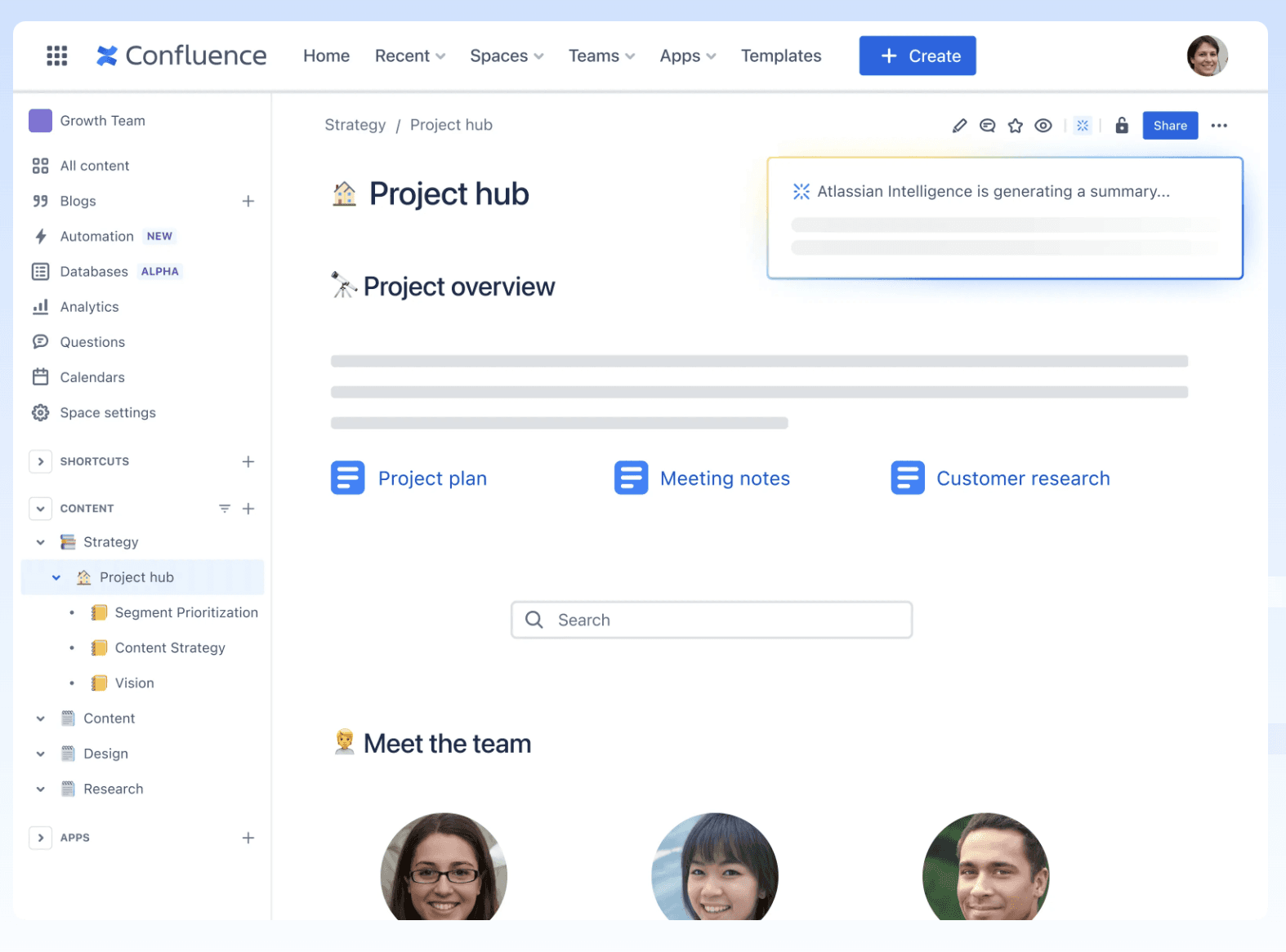 Confluence dashboard displaying the Project Hub