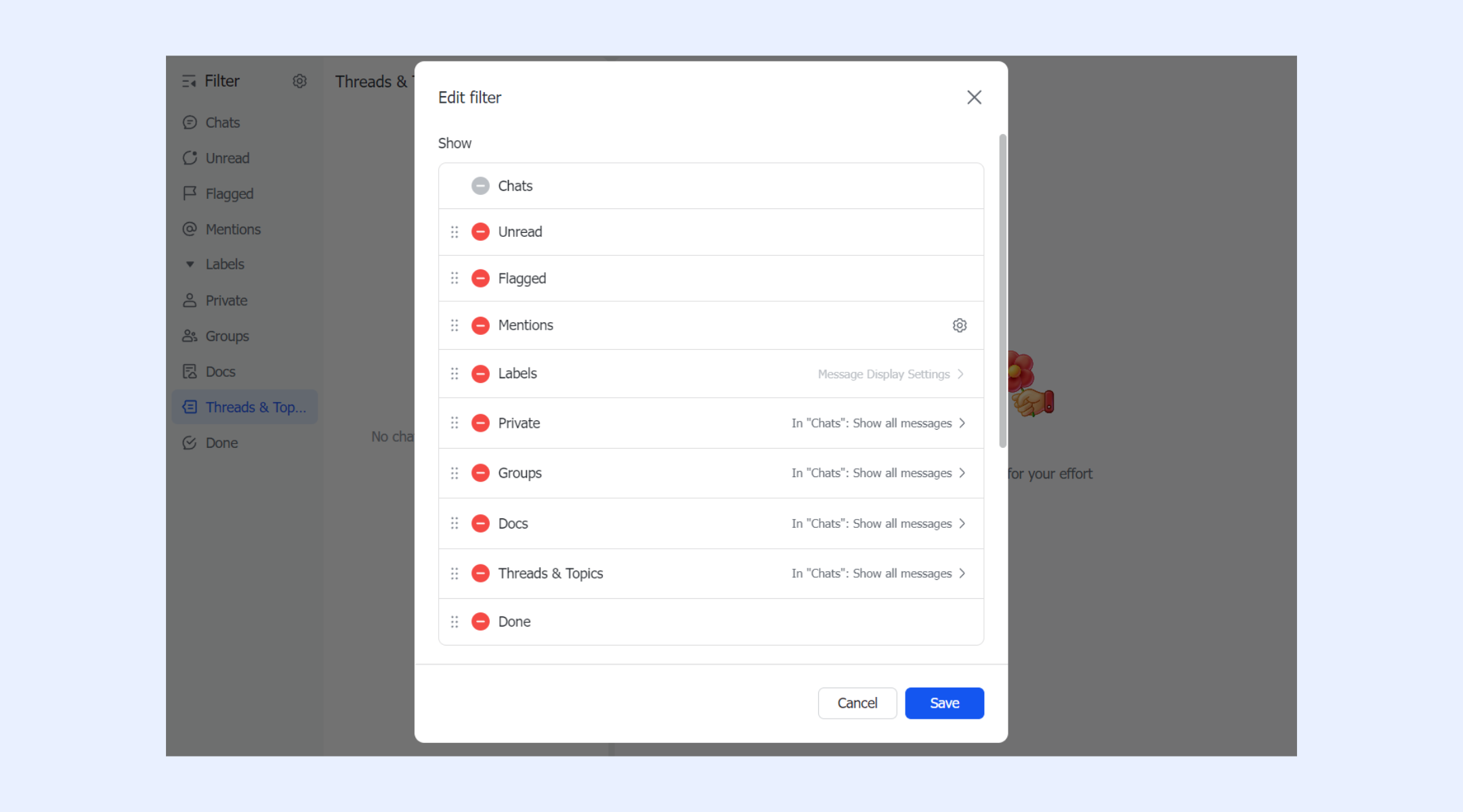 Lark Messenger supports filtering the texts