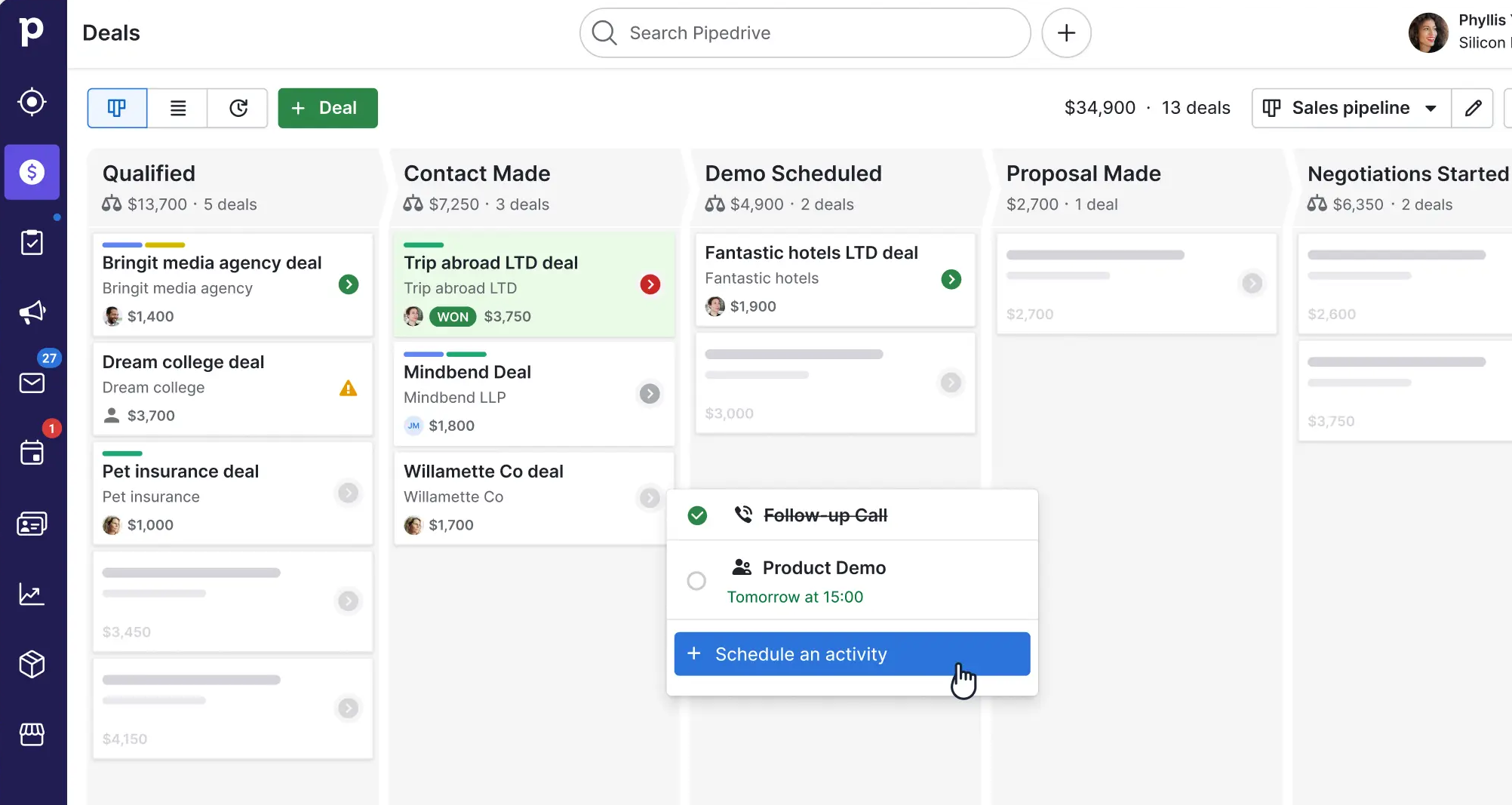 Pipedrive workflow task management
