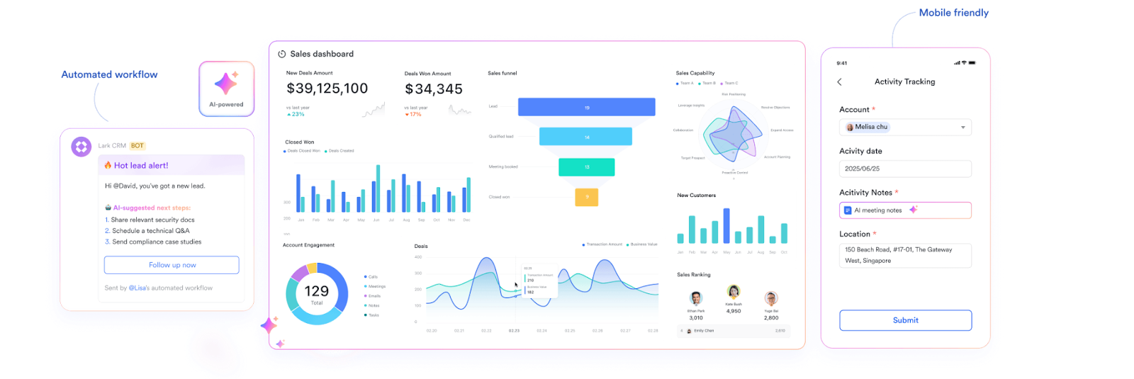 Lark's AI native CRM, with AI-powered automation, mobile forms, and dashboard