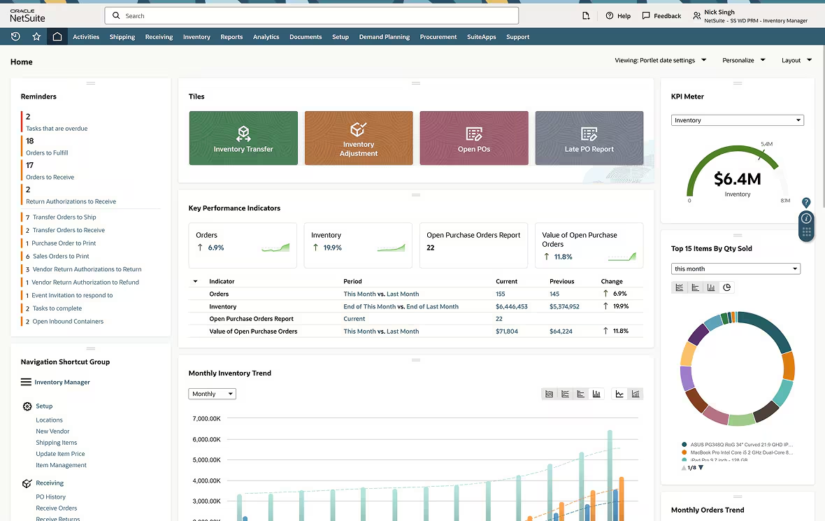 NetSuite inventory dashboard displaying stock levels, demand planning, and warehouse insights