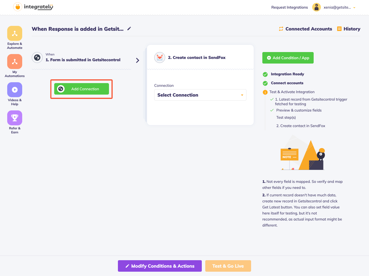 Integrately automation setup screen showing one-click workflow suggestions