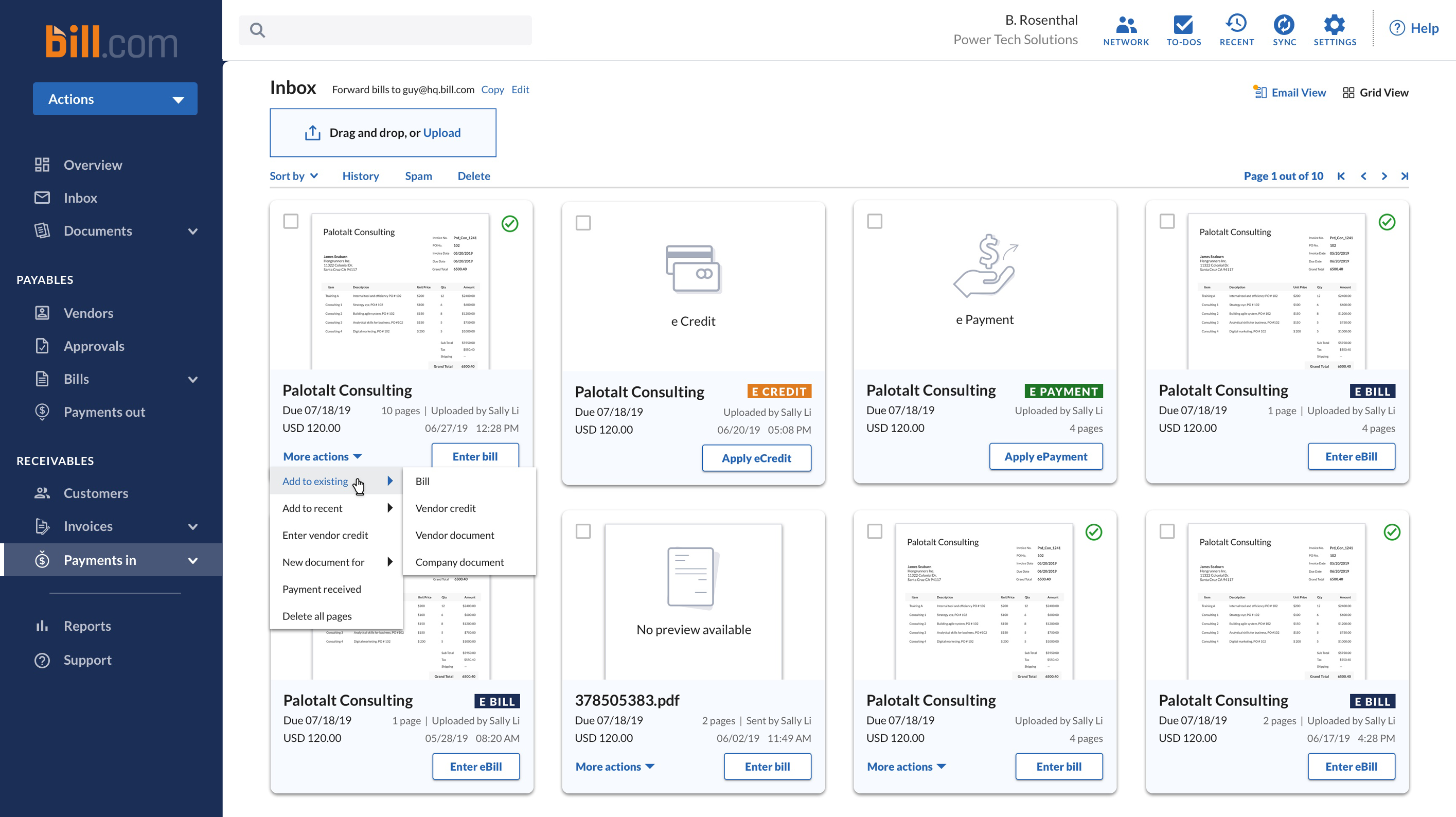 BILL dashboard with inbox, bill processing, and payment options