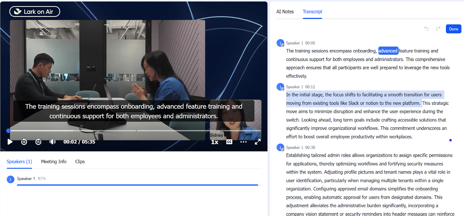 Automatic transcript on Lark Minutes