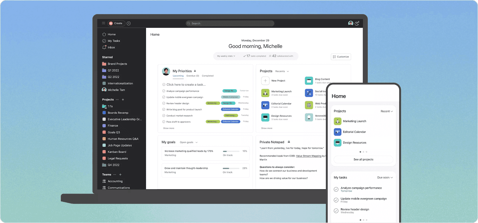 Asana's home interface on desktop and mobile apps