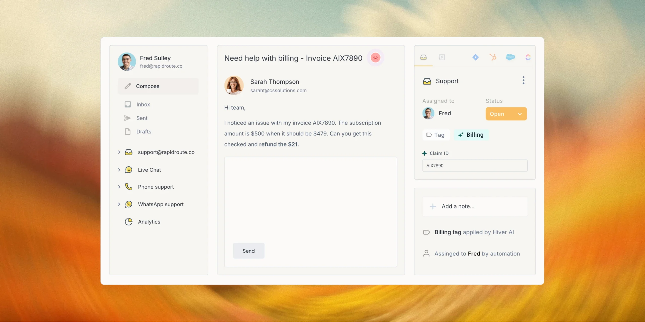 Interface of hiver, showing an agent responding to customer messages