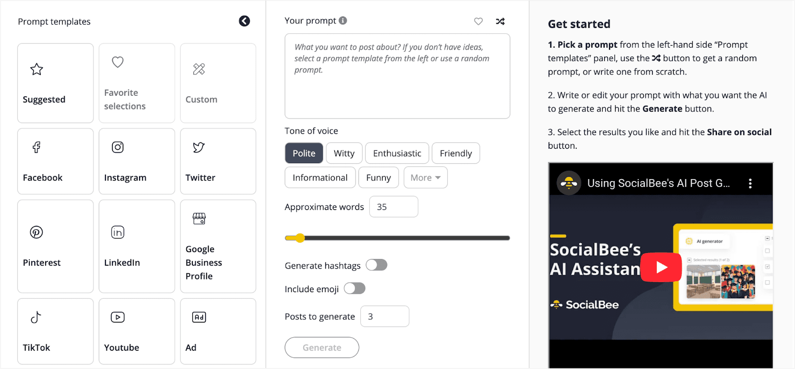 SocialBee's AI social media post generator