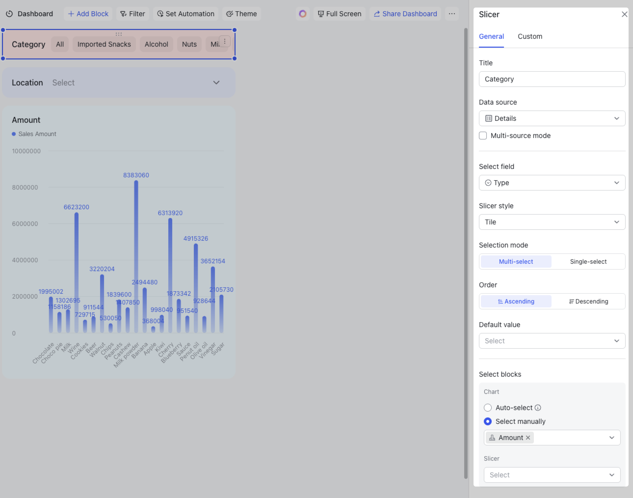 Use slicer blocks to filter data in Base dashboards