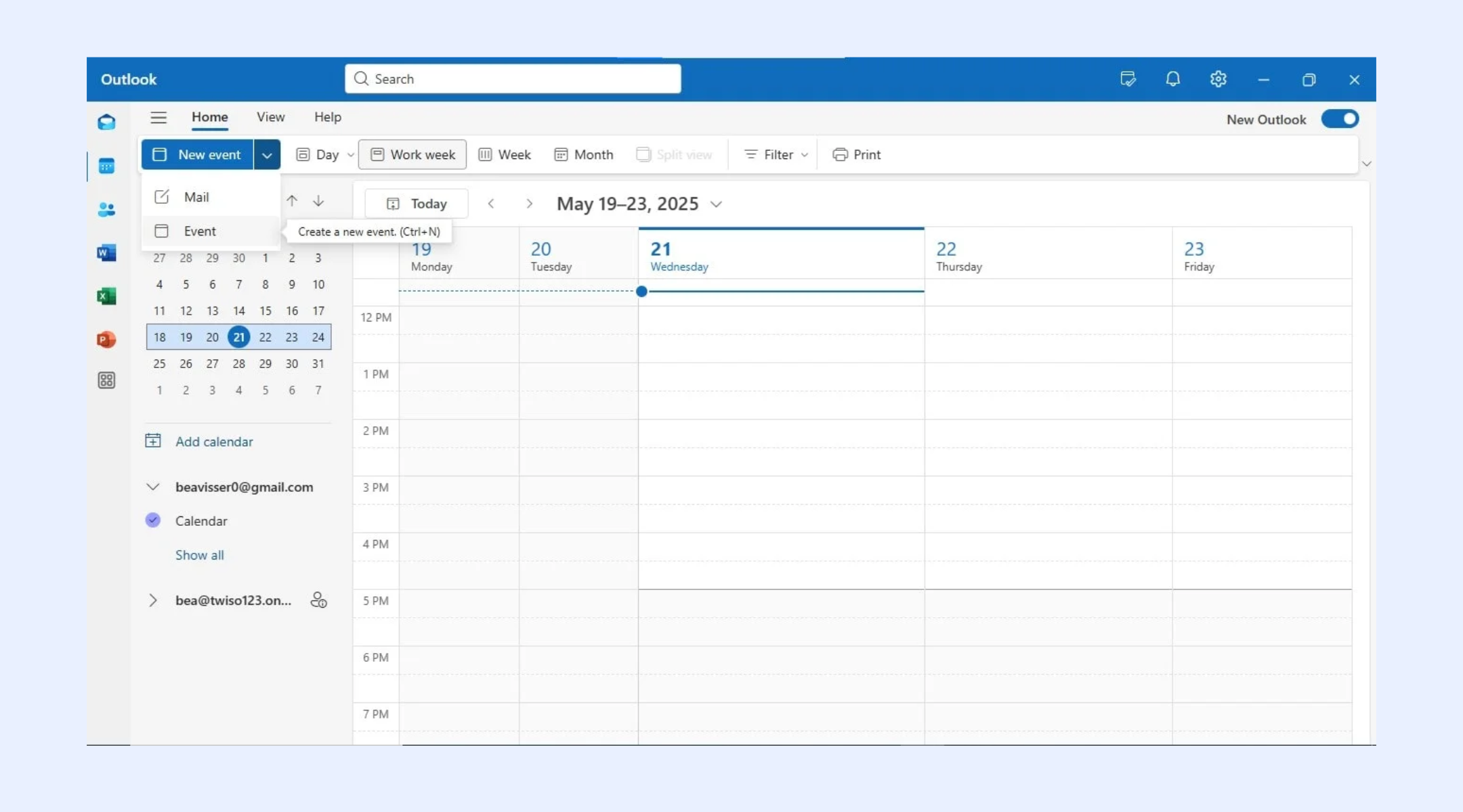 New event creation in outlook
