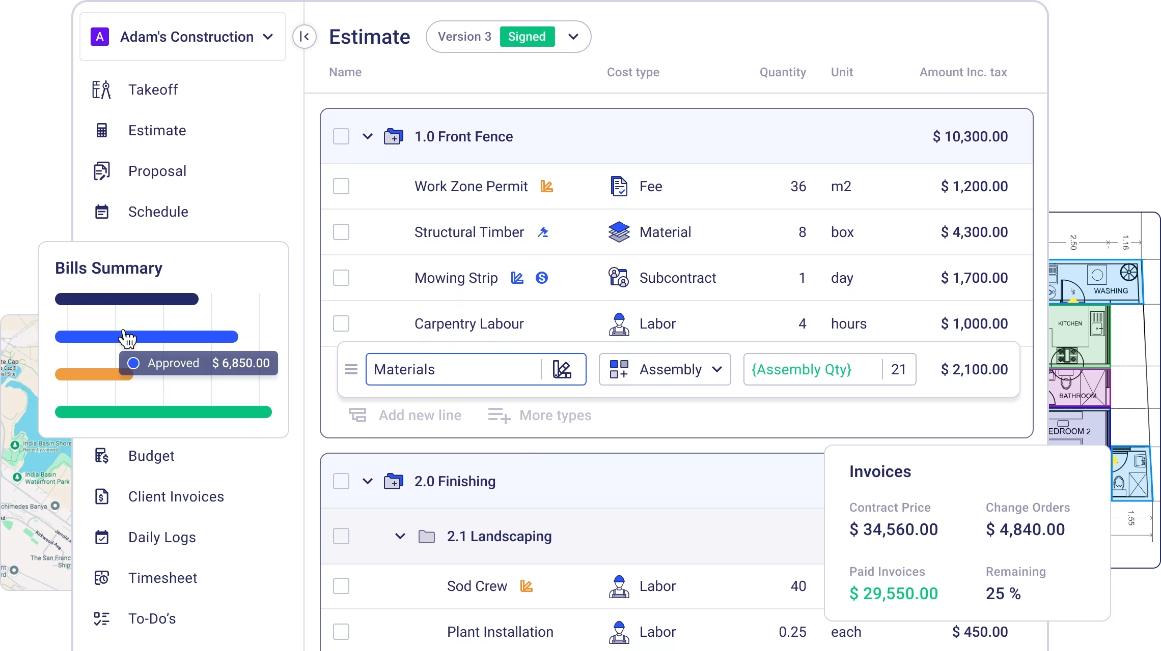 Buildner's home interface showing budget estimates 