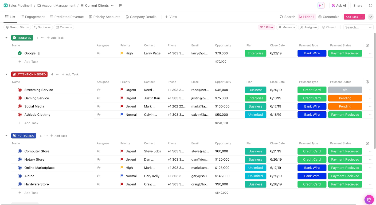 Sales pipeline spreadsheet by ClickUp.