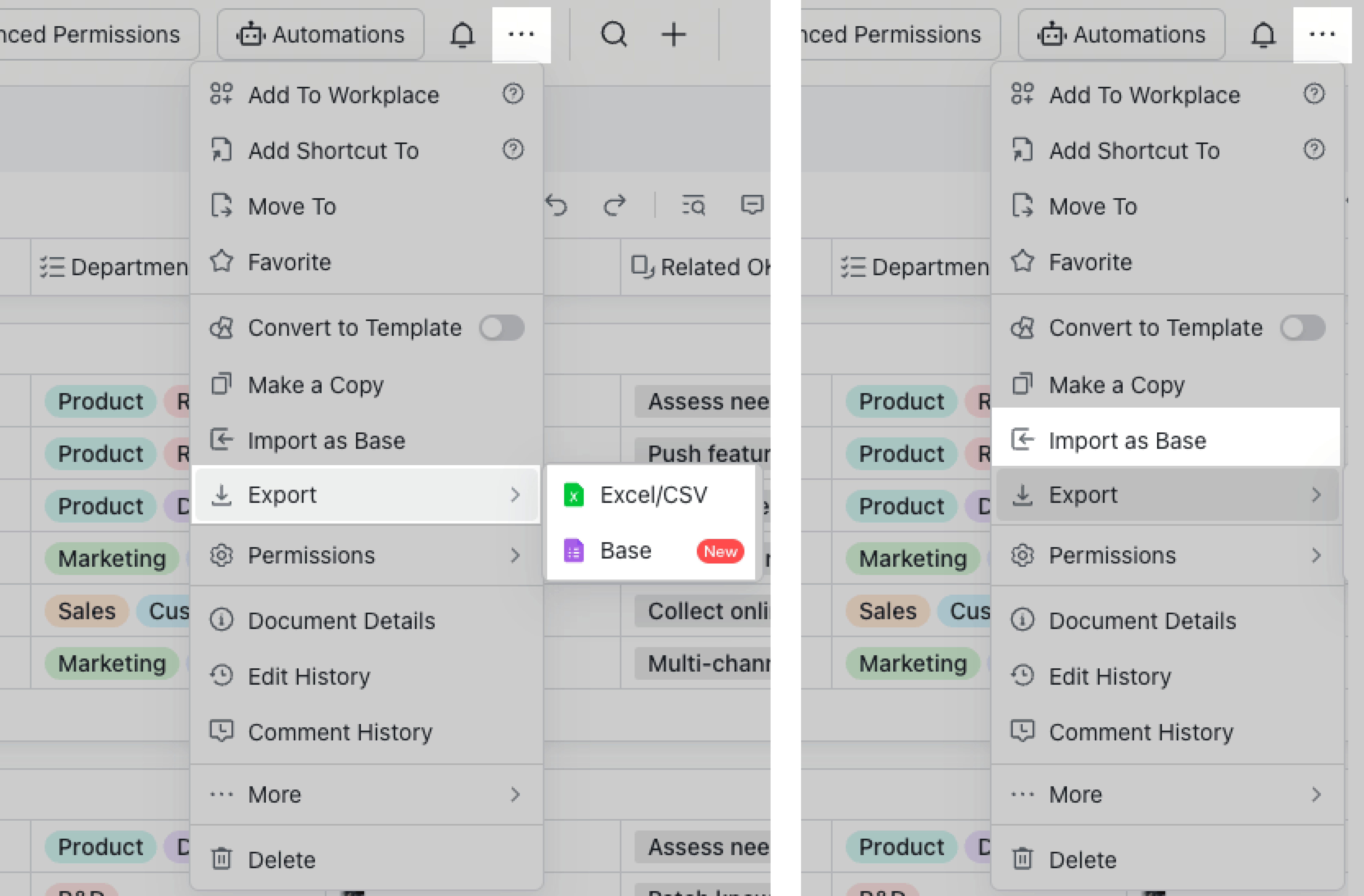 export and import base files, spreadsheets