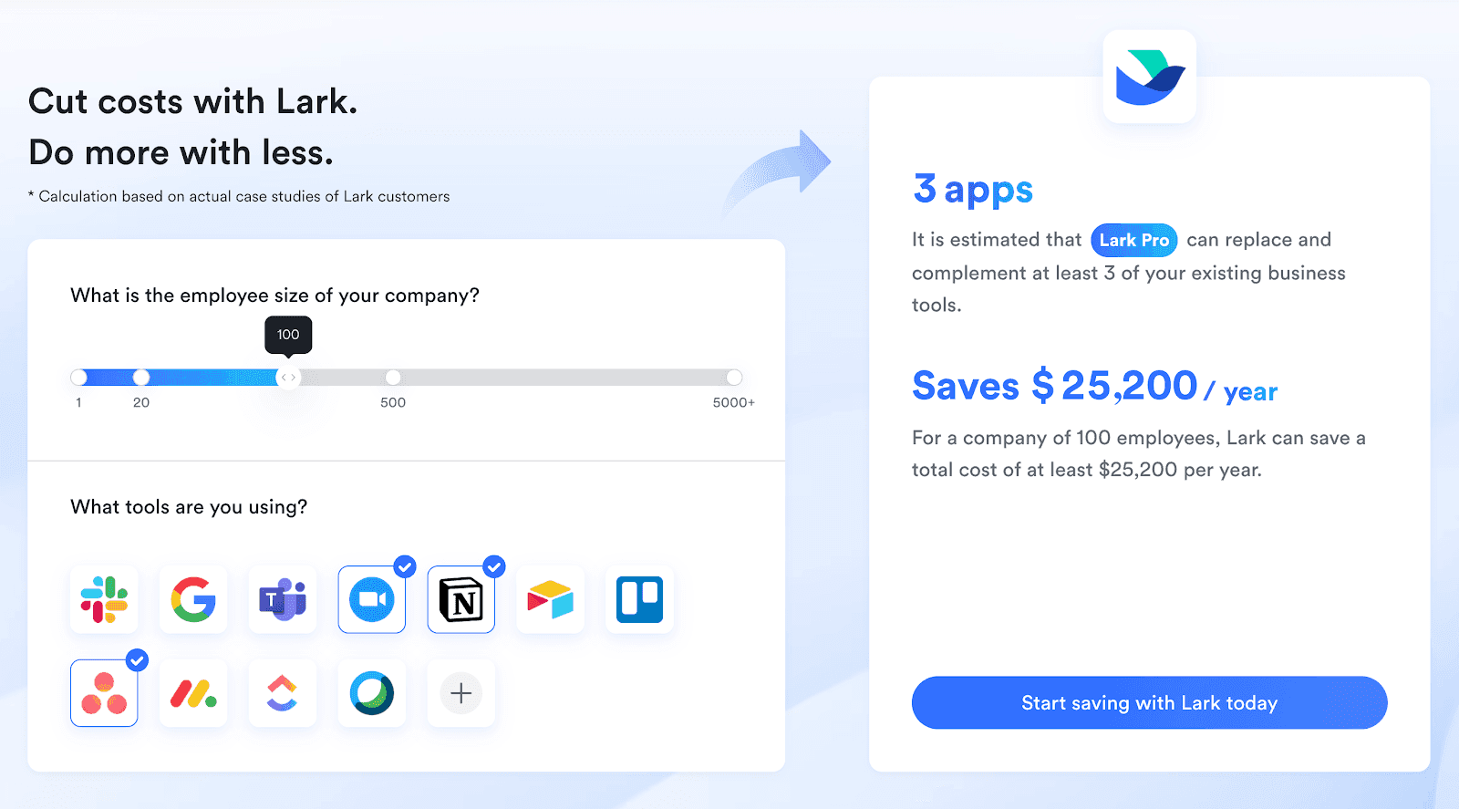 A screenshot of Lark's pricing calculator showing costs saved by switching to Lark Pro