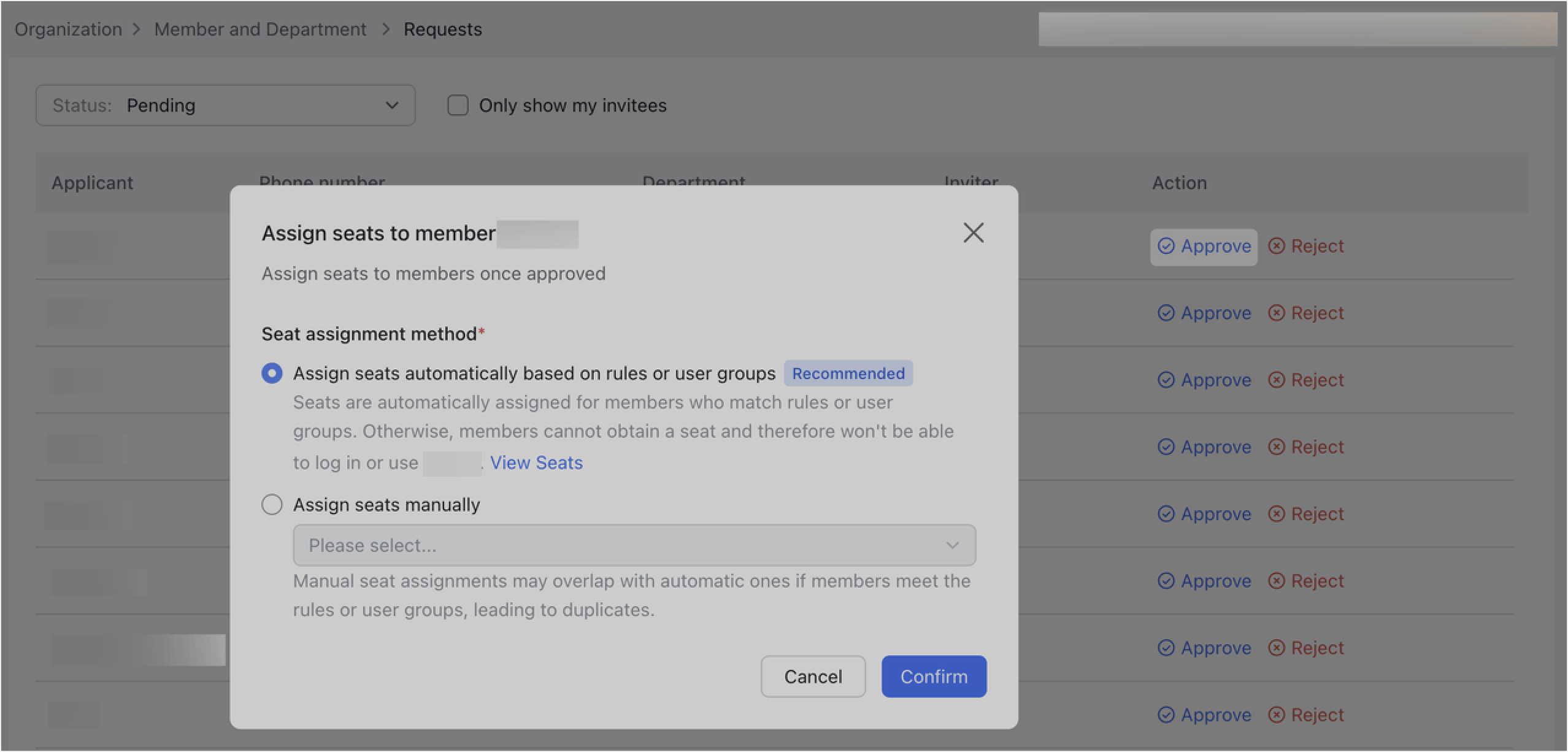 Admin | Assign seats when adding members