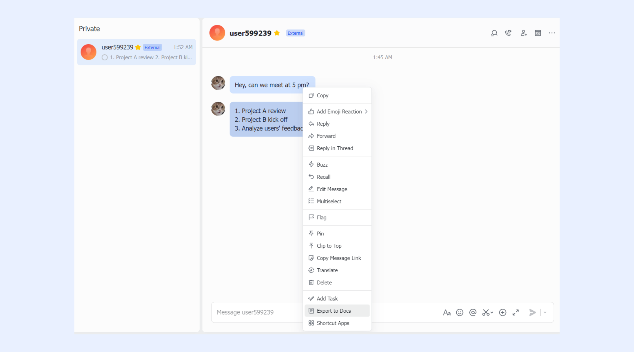 Lark Messenger supports exporting chats to documents
