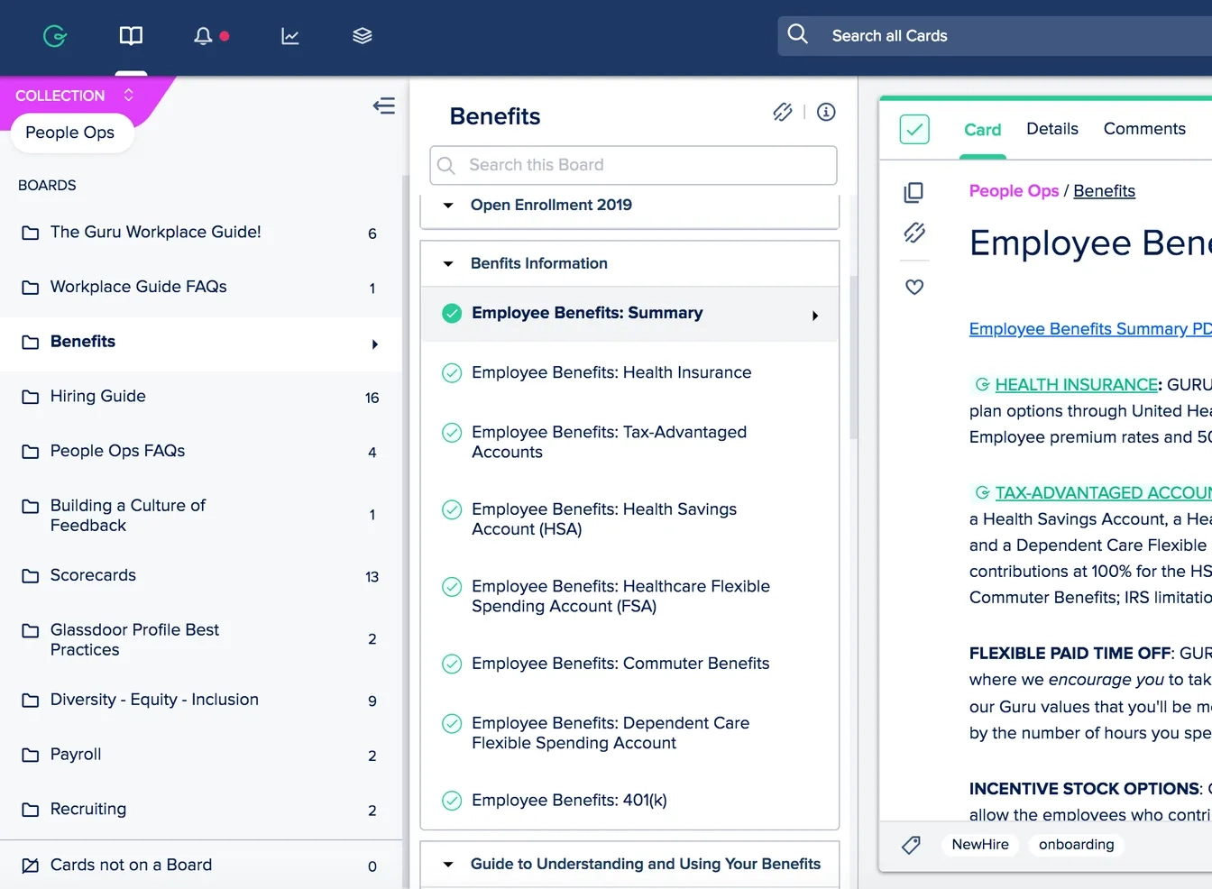 Interface of Guru, knowledge base software for human resources