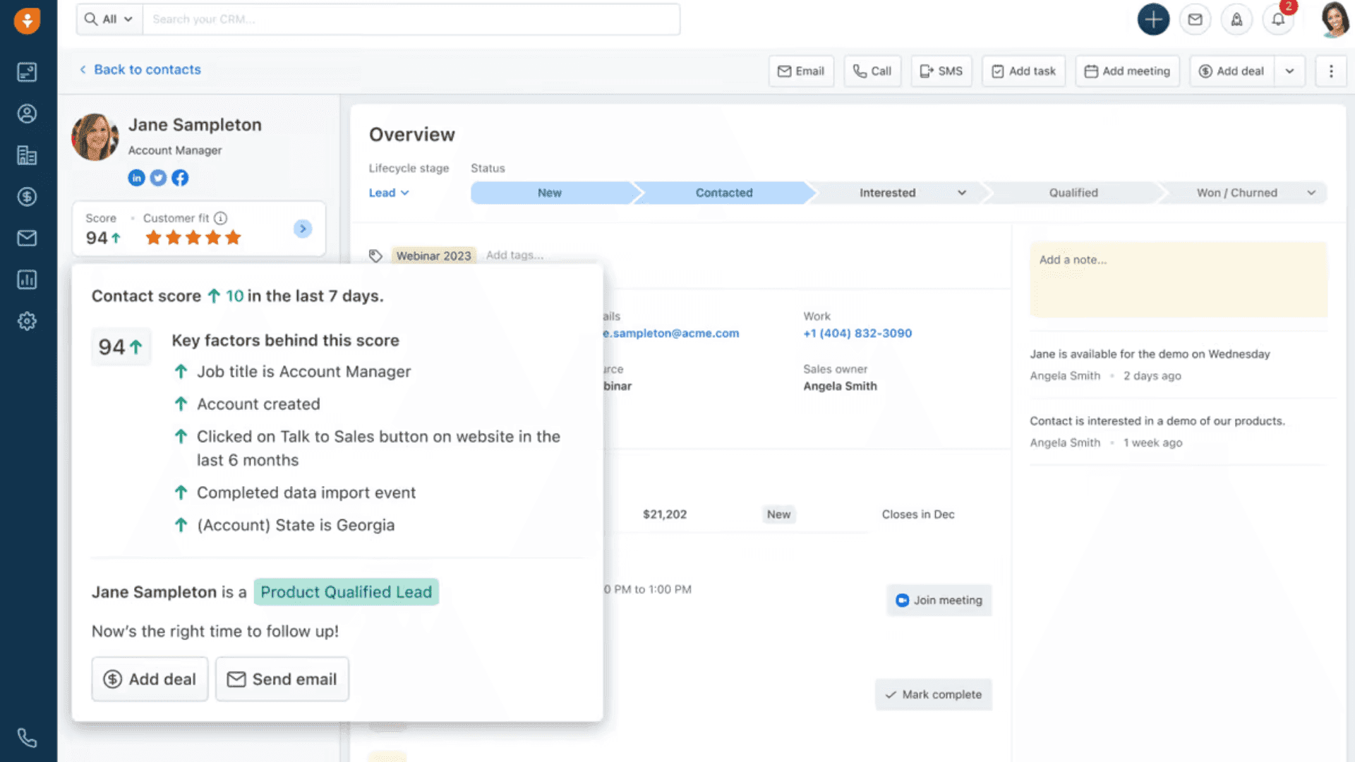 Freshsale’s interface for contact management, with the contact score card opened