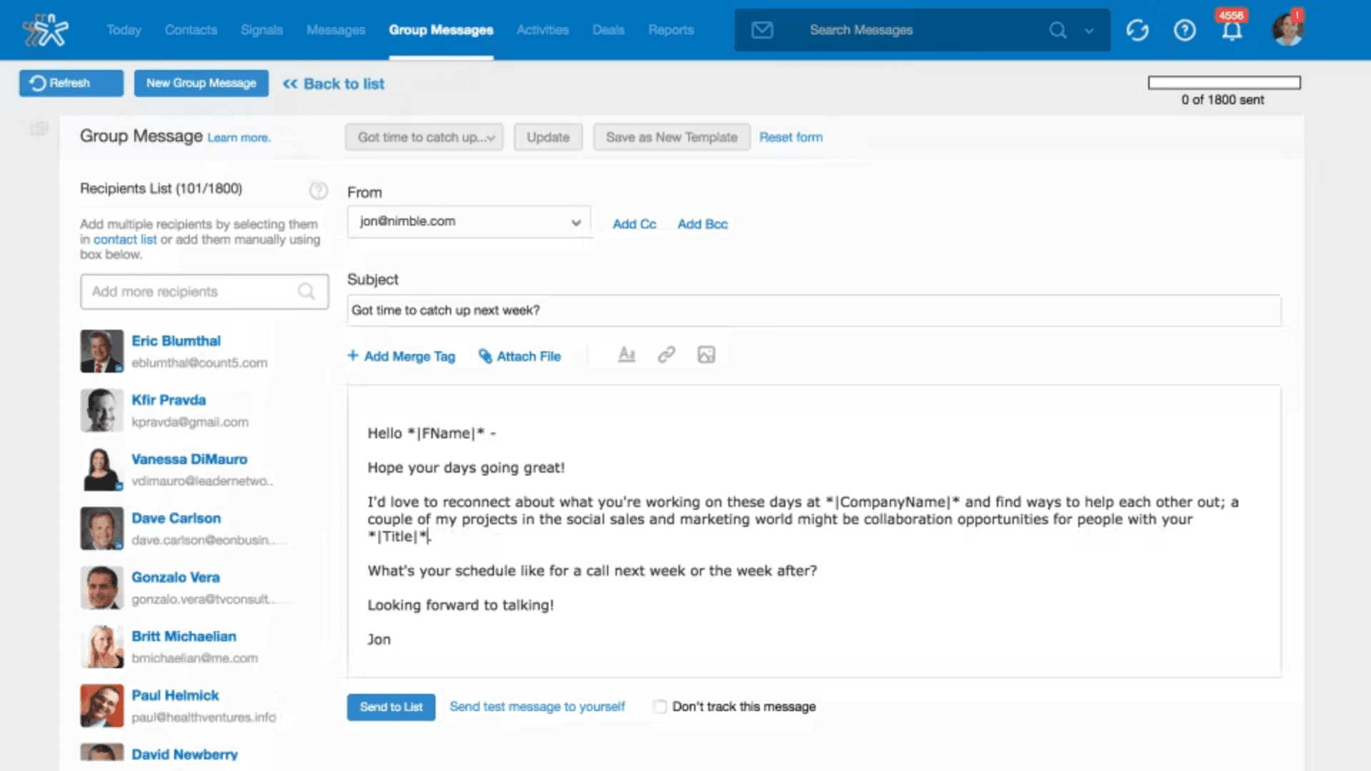 Nimble’s interface for group message that sports a similar look to traditional emails