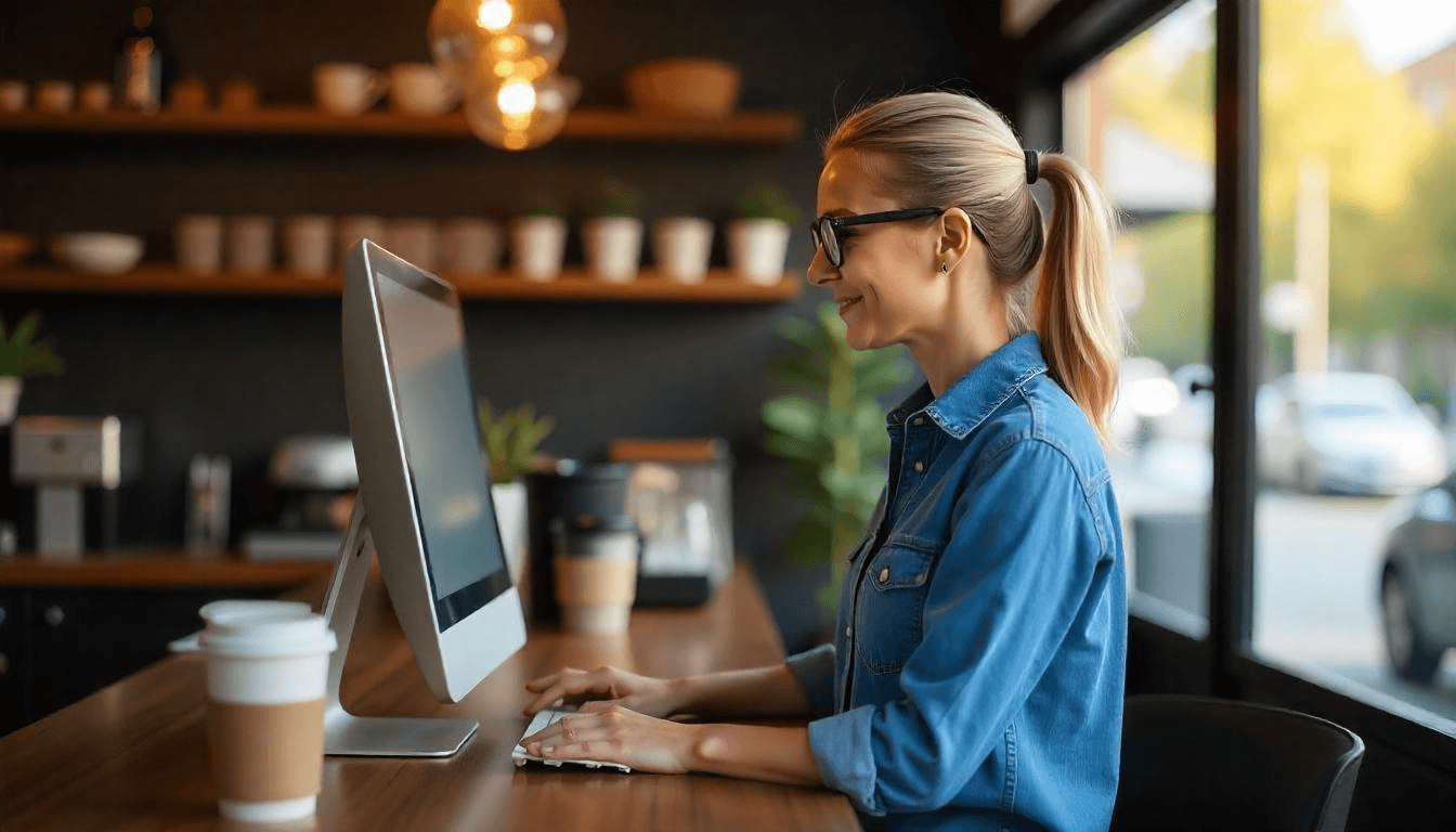 A coffee shop employee is operating the coffee shop management system