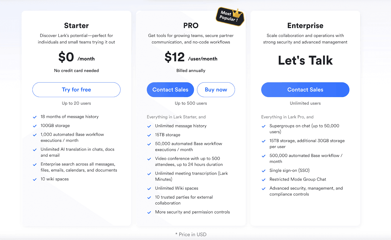 Pricing for Lark's plans