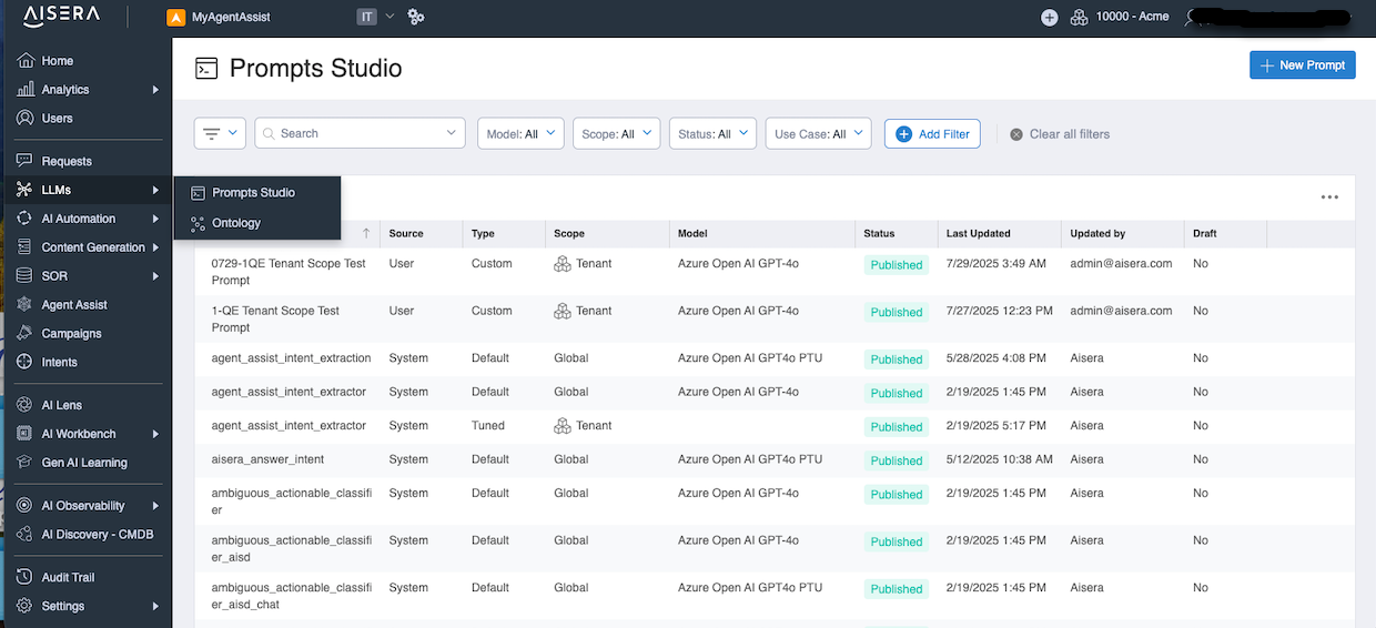 Interface of aisera's prompt studio