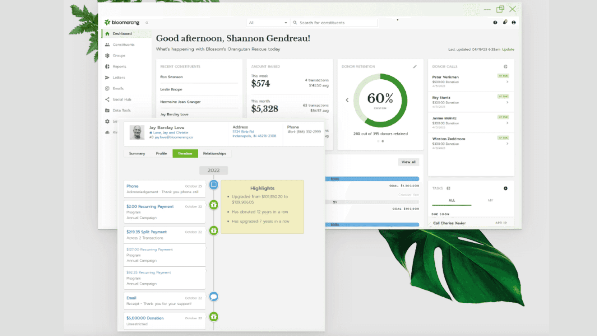 Interface of Bloomerang’s CRM