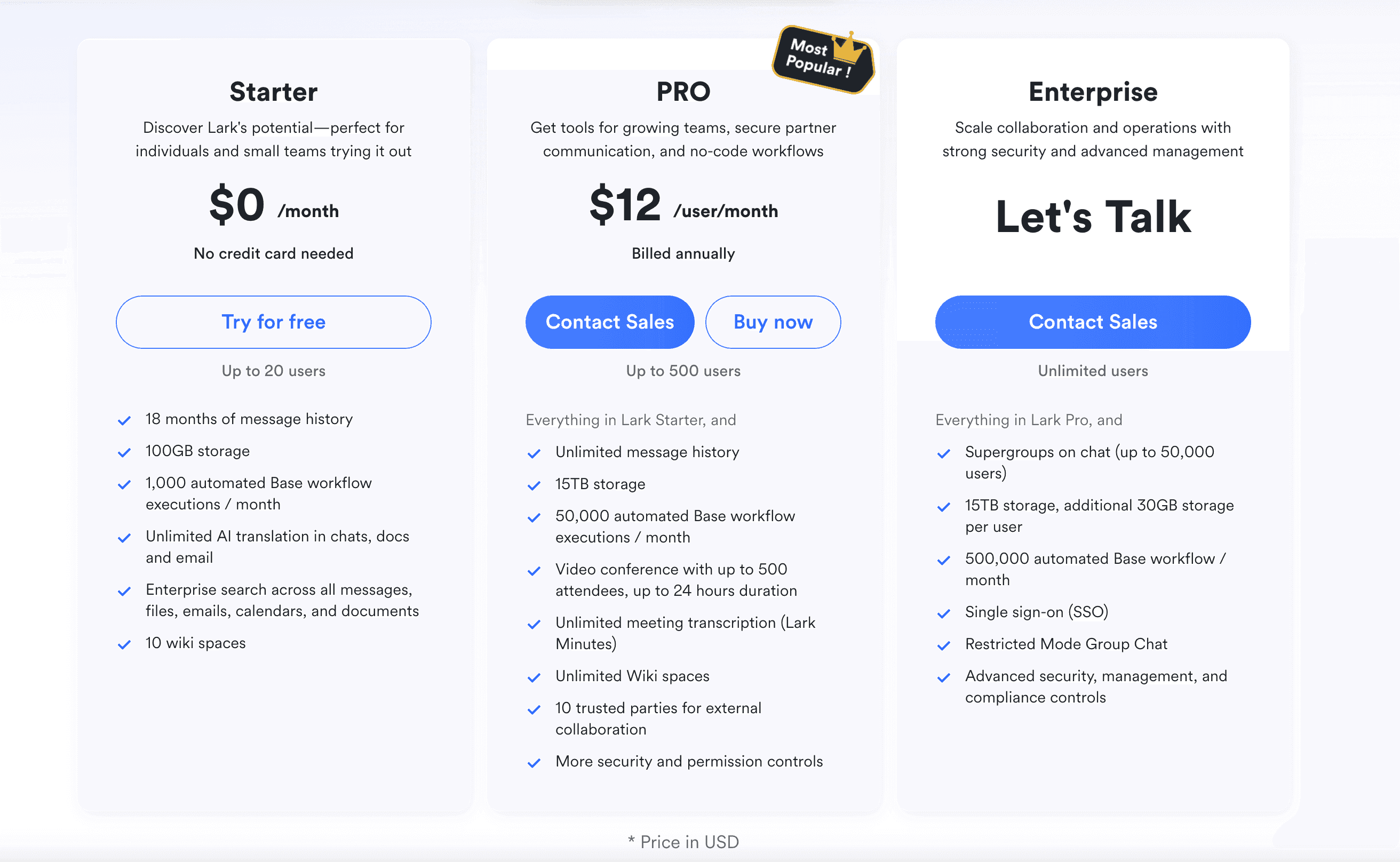 Lark's pricing plans