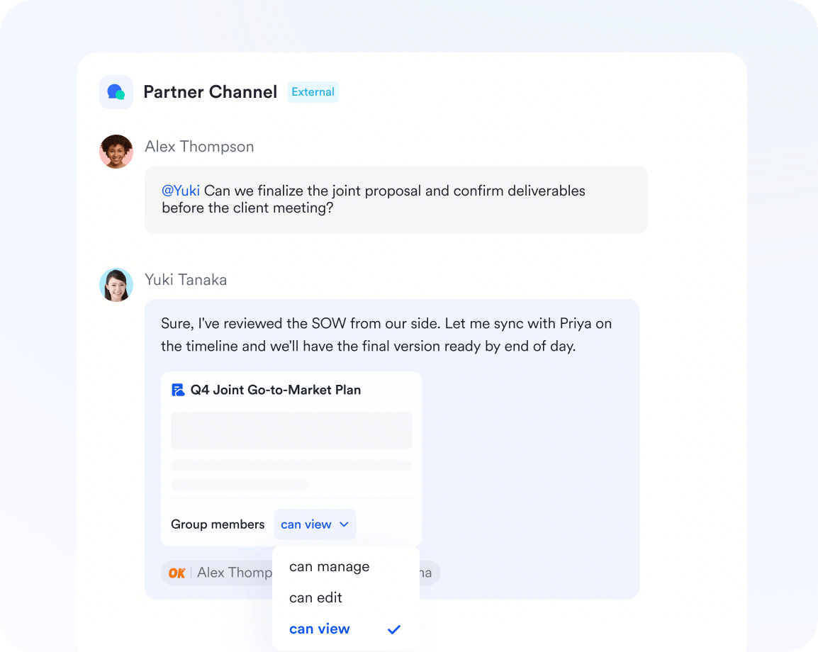 Lark lets you share docs, sheets, views, and dashboards with external clients and partners as free collaborators.