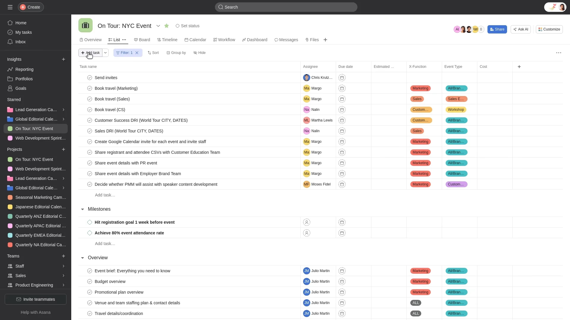 Asana's interface with a task list open